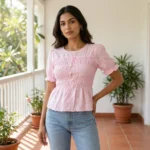 light pink smocked peplum top with puff sleeves (3)