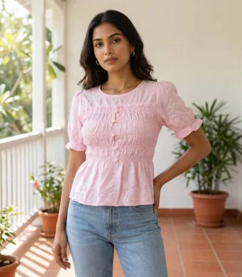 light pink smocked peplum top with puff sleeves (3)