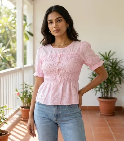 light pink smocked peplum top with puff sleeves (3)