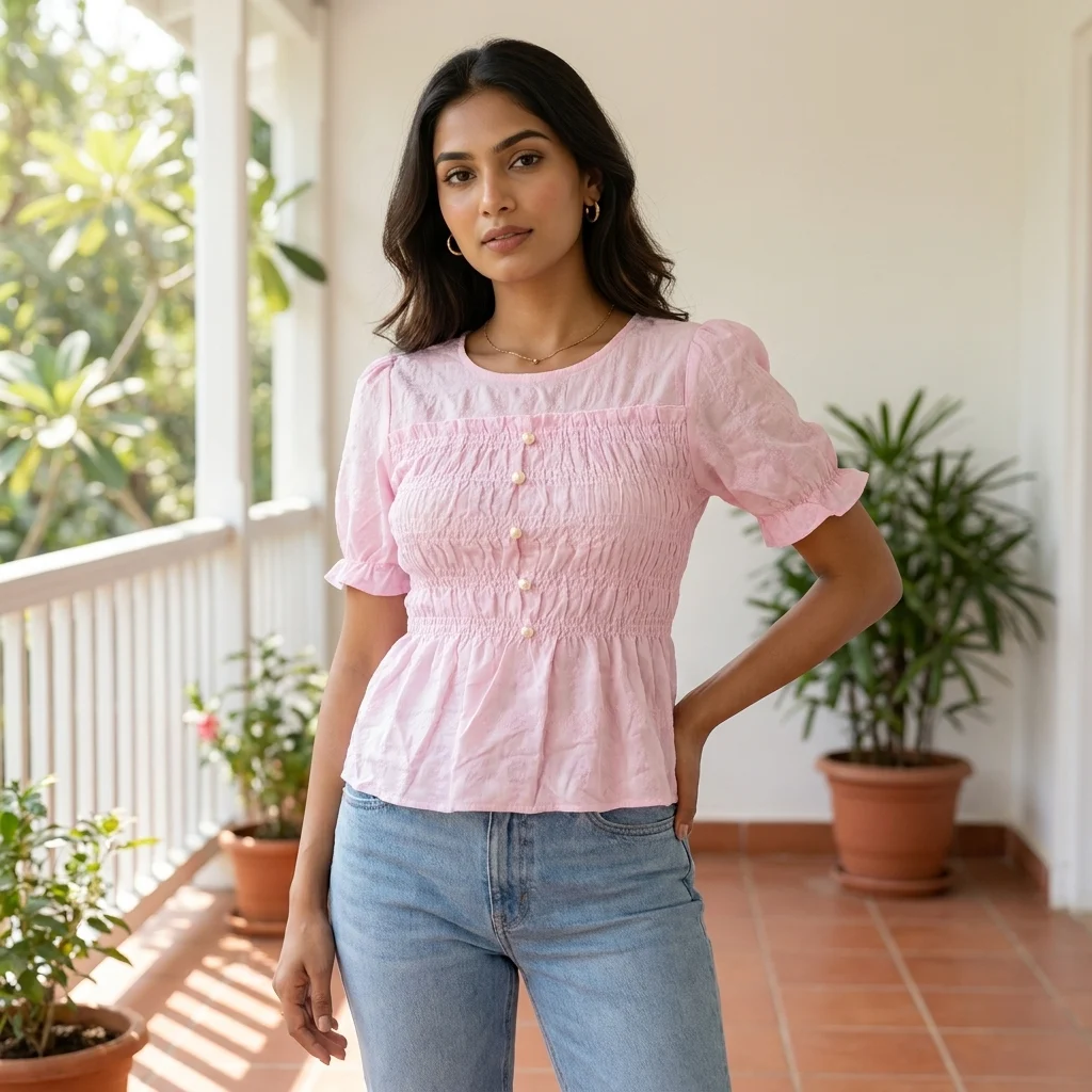 light pink smocked peplum top with puff sleeves (3) light pink smocked peplum top with puff sleeves (3)