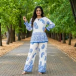 Luxurious Women's Blue and White Paisley Print Co-ord Set – women co-ord set – photo 1