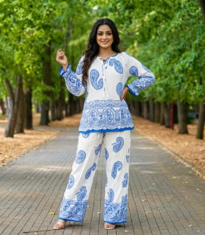 Luxurious Women's Blue and White Paisley Print Co-ord Set – women co-ord set – photo 1