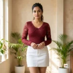 Maroon lace top for women with long sleeves and scalloped v-neck – maroon lace top – photo 1