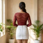 Maroon lace top for women with long sleeves and scalloped v-neck – maroon lace top – photo 2