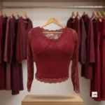 Maroon lace top for women with long sleeves and scalloped v-neck – maroon lace top – photo 3