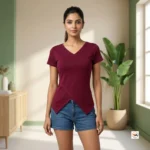 Maroon women tops for casual wear featuring an asymmetric hem and V neck – V neck maroon women tops – photo 1