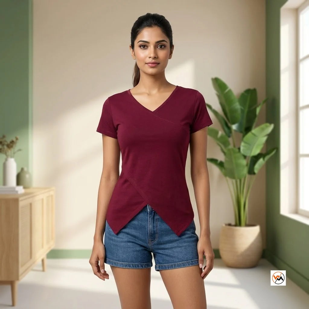 Maroon women tops for casual wear featuring an asymmetric hem and V neck – V neck maroon women tops Maroon women tops for casual wear featuring an asymmetric hem and V neck – V neck maroon women tops – photo 1