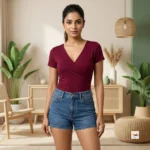 Maroon women tops for casual wear featuring an asymmetric hem and V neck – V neck maroon women tops – photo 5
