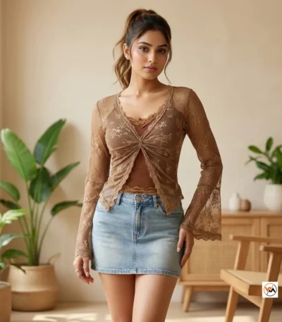 NEW MIU Iconic Brown Lace Top for Women – Brown Lace Top – photo 1
