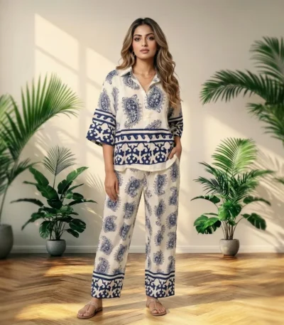 NEW MIU Luxurious Women Blue Paisley Printed Co-ord Set – women co-ord set – photo 1