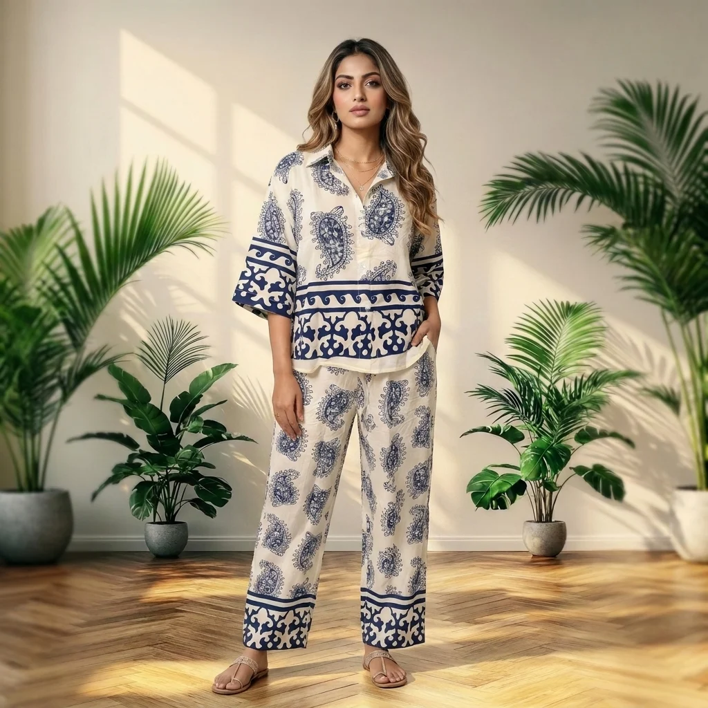 NEW MIU Luxurious Women Blue Paisley Printed Co ord Set – women co ord set NEW MIU Luxurious Women Blue Paisley Printed Co-ord Set – women co-ord set – photo 1