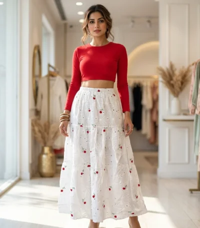 NEW MIU Signature Cherry Embroidered Schiffli Tiered White Maxi Skirt for Women – white tiered maxi skirt – photo 1