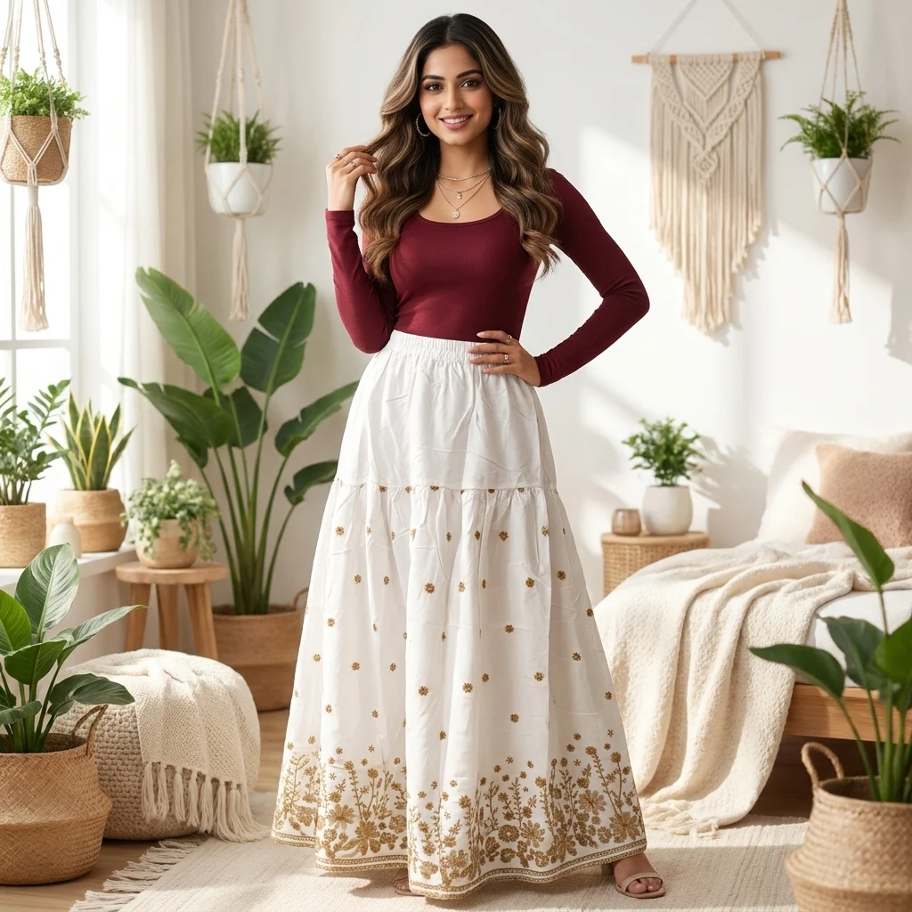NEW MIU Signature White Gold Embroidered Maxi Skirt for Women – white gold embroidered maxi skirt – photo 1