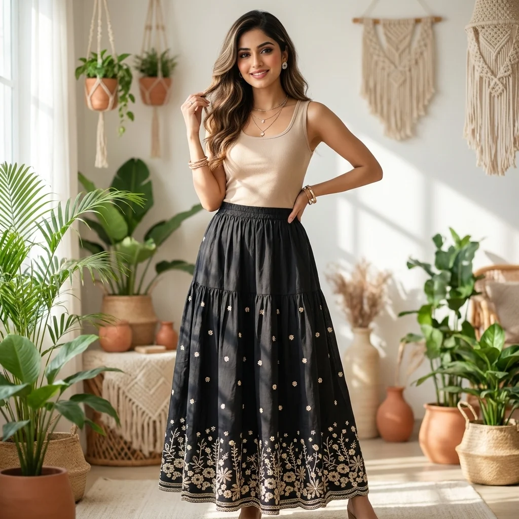NEW MIU Signature Women Black Floral Embroidered Tiered Maxi Skirt – black embroidered maxi skirt – photo 1