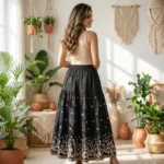 NEW MIU Signature Women Black Floral Embroidered Tiered Maxi Skirt – photo 3