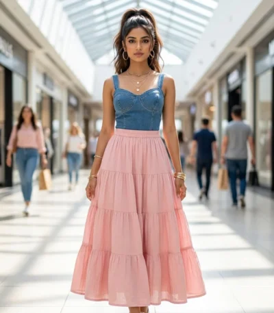NEW MIU Timeless Pink Tiered Maxi Skirt for Women – pink tiered maxi skirt – photo 1