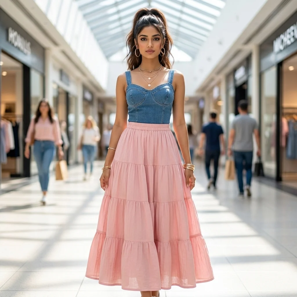NEW MIU Timeless Pink Tiered Maxi Skirt for Women – pink tiered maxi skirt – photo 1