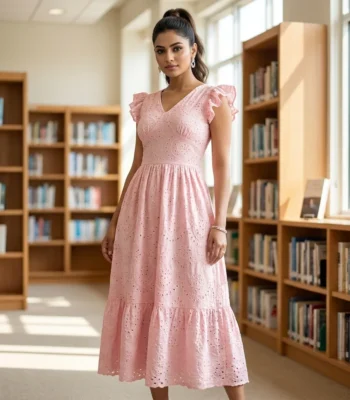 NEW MIU Women Signature Pink Eyelet Embroidery Ruffle Sleeve Maxi Dress – pink eyelet maxi dress – photo 1