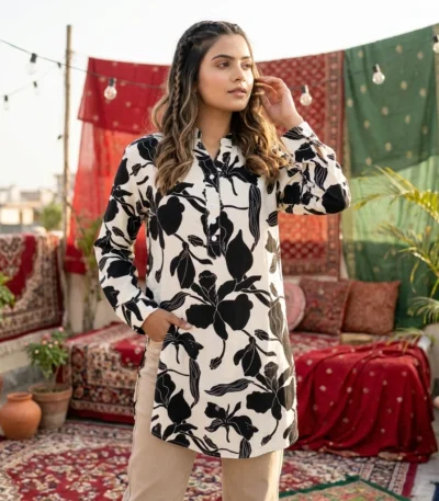 NEW MIU Women's Black and White Floral Long Shirt Essential – womens long shirt – photo 1