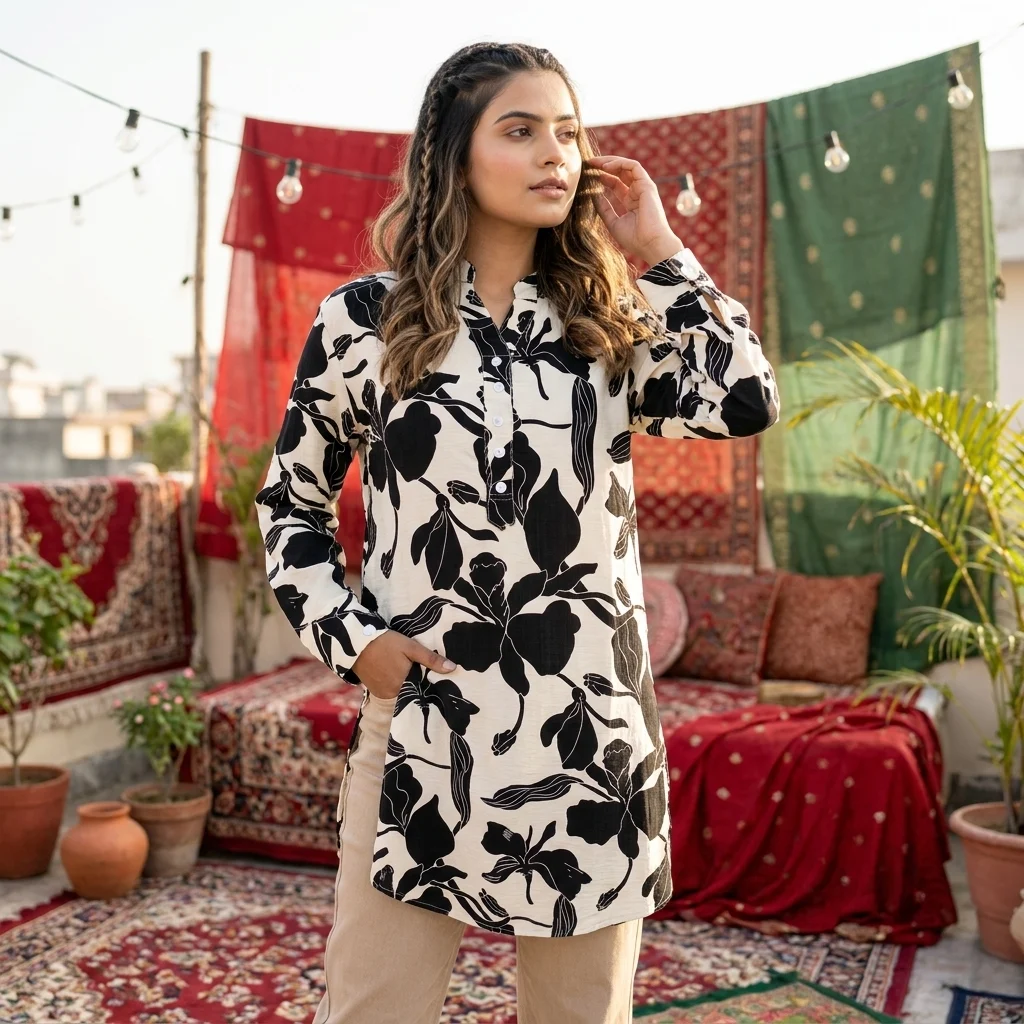 NEW MIU Women's Black and White Floral Long Shirt Essential – womens long shirt – photo 1