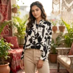 NEW MIU Women's Black and White Floral Long Shirt Essential – photo 3