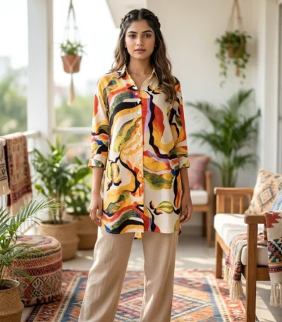 NEW MIU Women's Long Shirt Iconic Multicolor Abstract Print – womens long shirt – photo 1
