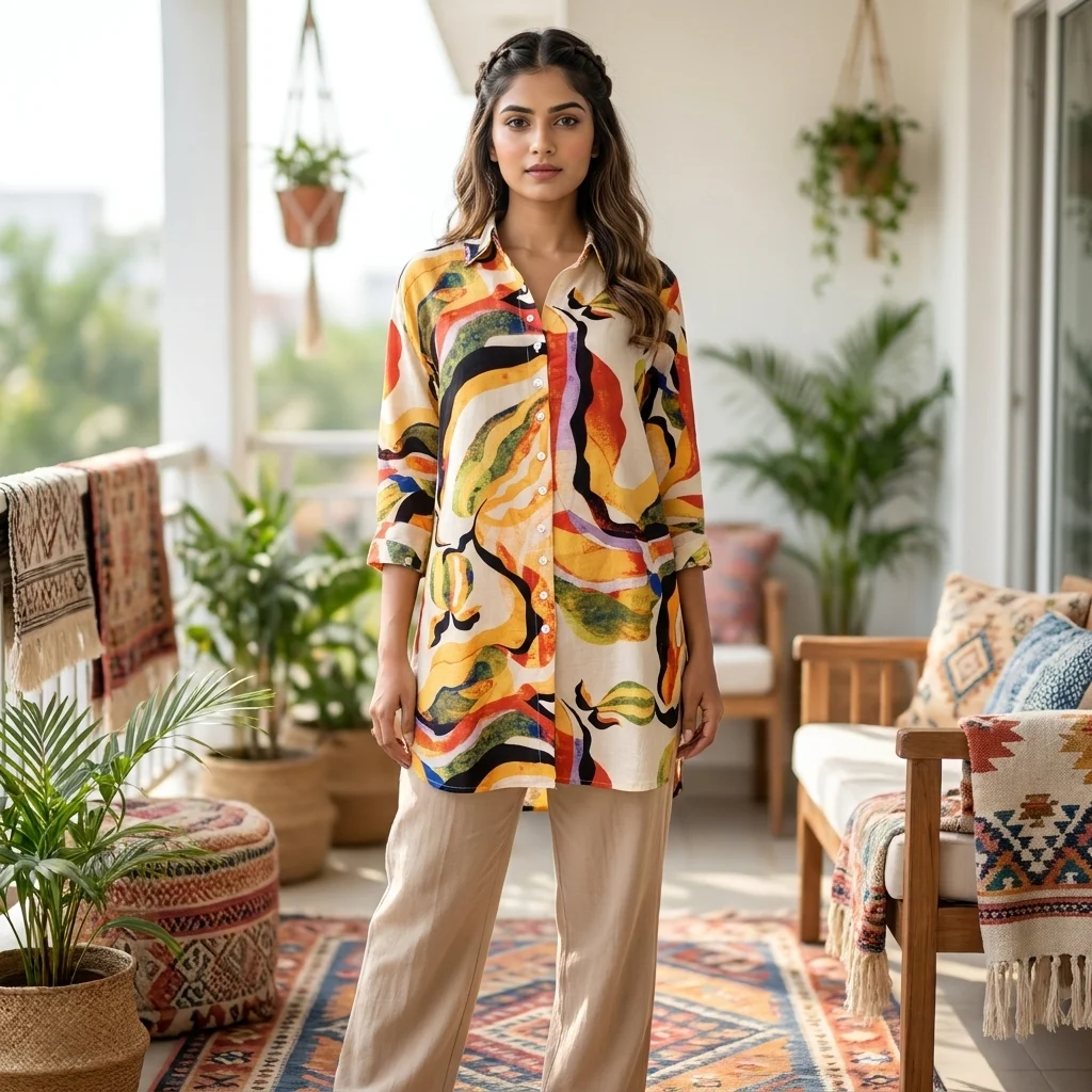 NEW MIU Women's Long Shirt Iconic Multicolor Abstract Print – womens long shirt – photo 1