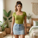 Olive green bodysuit for women featuring a timeless square neck and short sleeves – olive green bodysuit – photo 1