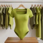 Olive green bodysuit for women featuring a timeless square neck and short sleeves – olive green bodysuit – photo 2