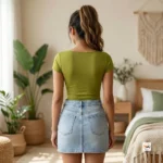 Olive green bodysuit for women featuring a timeless square neck and short sleeves – olive green bodysuit – photo 4
