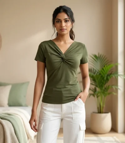 Olive Green Twist Top - Essential V-Neck Short Sleeve Women's Top – olive green twist top – photo 1