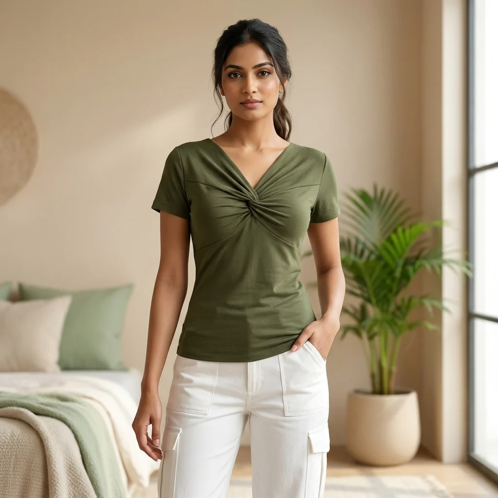 Olive Green Twist Top Essential V Neck Short Sleeve Women's Top – olive green twist top Olive Green Twist Top - Essential V-Neck Short Sleeve Women's Top – olive green twist top – photo 1