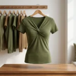 Olive Green Twist Top - Essential V-Neck Short Sleeve Women's Top – olive green twist top – photo 4