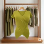 Olive green wrap top for women with short sleeves – olive green wrap top – photo 3