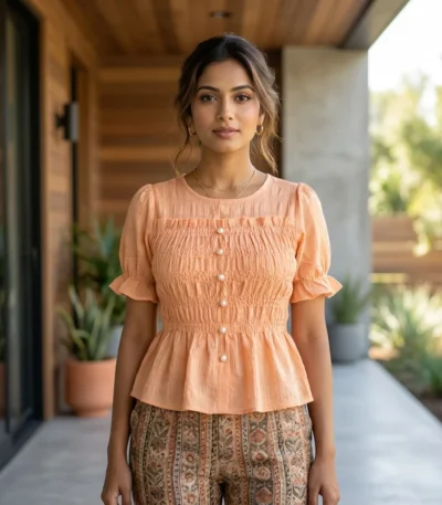peach smocked peplum top with puff sleeves and pearl buttons (4)