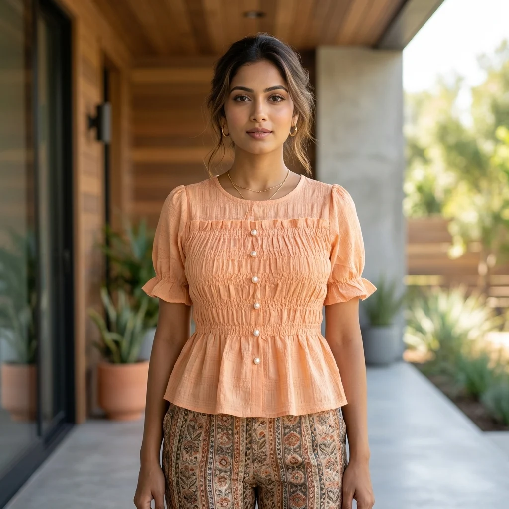 peach smocked peplum top with puff sleeves and pearl buttons (4) peach smocked peplum top with puff sleeves and pearl buttons (4)