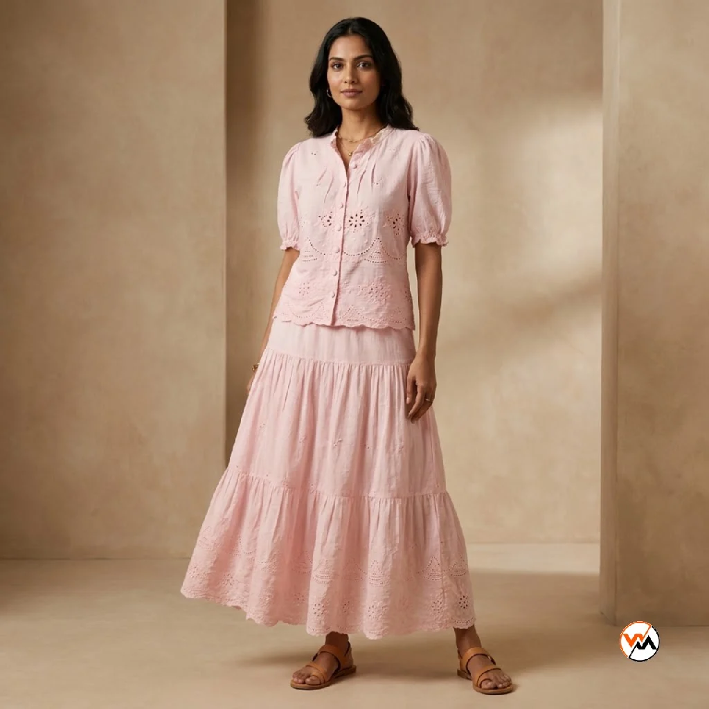 Pink cotton co-ord set for women featuring exquisite embroidery details and timeless design elements. – pink cotton co-ord set – photo 1