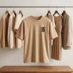 premium beige relaxed fit crew neck tshirt with black chest logo (2)