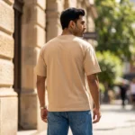 premium beige relaxed fit crew neck tshirt with black chest logo (3)