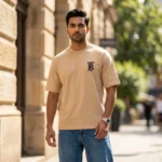 premium beige relaxed fit crew neck tshirt with black chest logo (4)