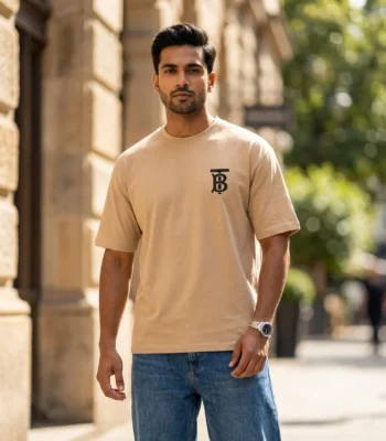 premium beige relaxed fit crew neck tshirt with black chest logo (4)