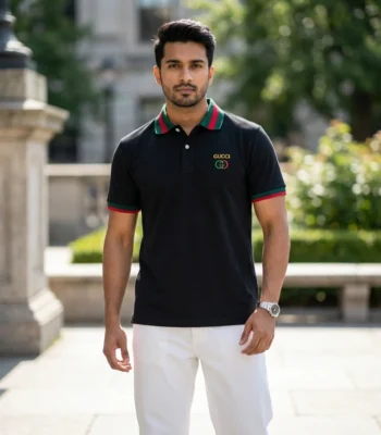 premium mens black polo t shirt with red and green striped collar (1)