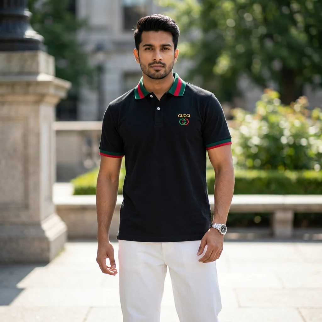 premium mens black polo t shirt with red and green striped collar (1) premium mens black polo t shirt with red and green striped collar (1)