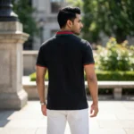 premium mens black polo t shirt with red and green striped collar (3)