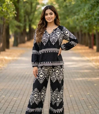 Signature Black Printed Top and Palazzo Co-ord Set for Women – black printed co ord set – photo 1