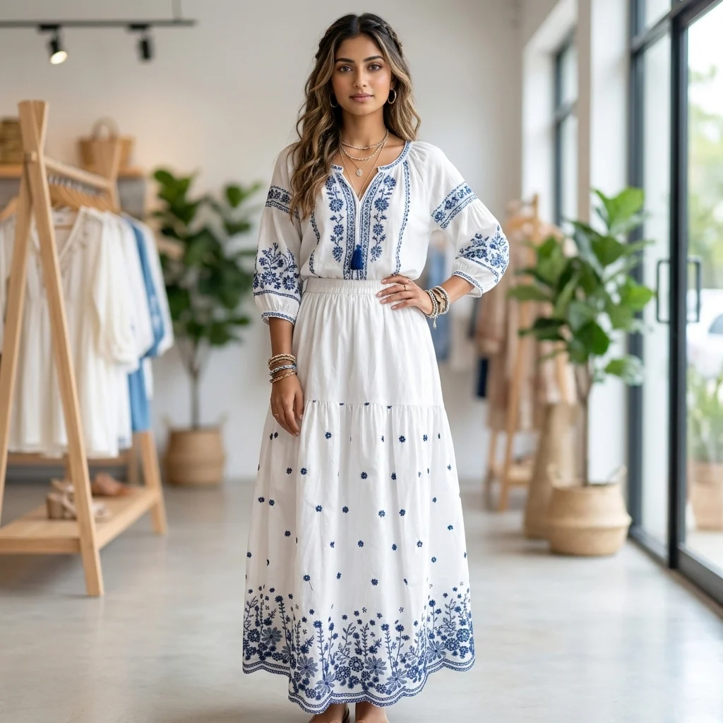 Signature Embroidered White Maxi Skirt for Women – embroidered white maxi skirt Signature Embroidered White Maxi Skirt for Women – embroidered white maxi skirt – photo 1