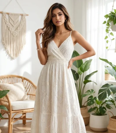 Signature Off-White Eyelet Cotton Maxi Dress for Women – off white eyelet maxi dress – photo 1