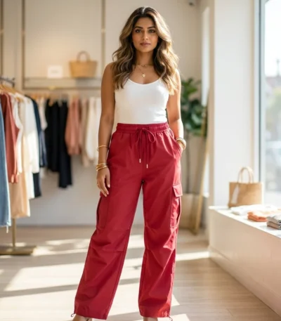 Signature Red Wide Leg Cargo Trousers for Women – women red cargo pants – photo 1