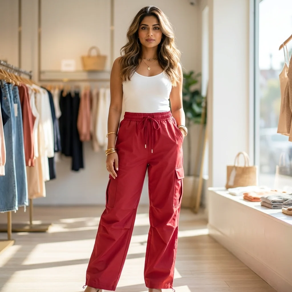 Signature Red Wide Leg Cargo Trousers for Women – women red cargo pants Signature Red Wide Leg Cargo Trousers for Women – women red cargo pants – photo 1