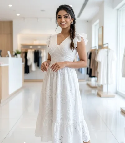 Signature White Schiffli Eyelet Midi Dress for Women – white schiffli midi dress – photo 1